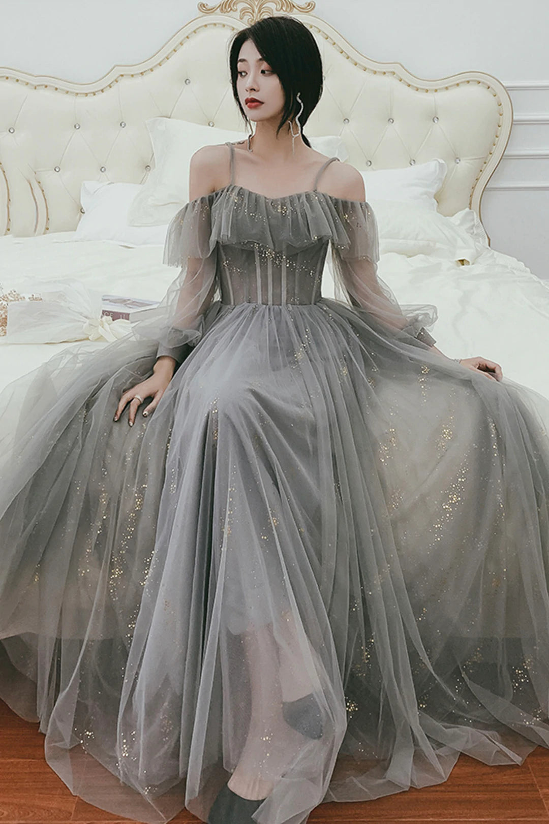Final Markdown Gray Tulle Floor Length A-Line Prom Dress
