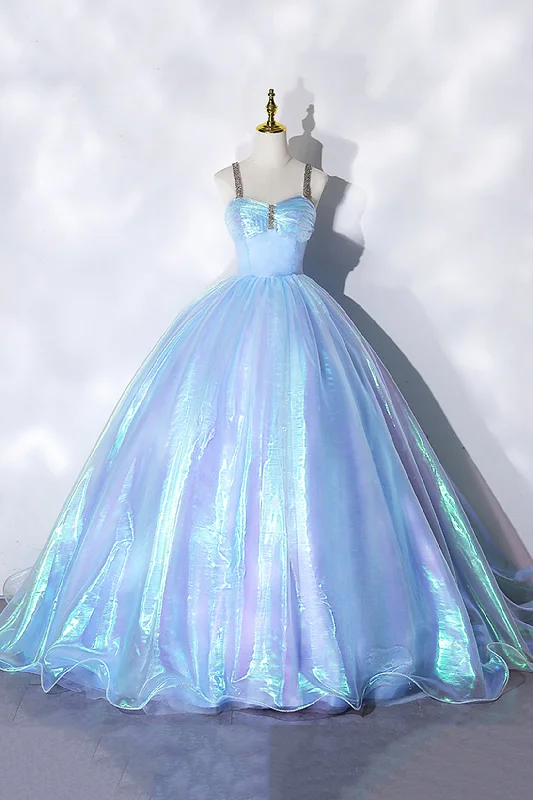 Low Prices Shiny Blue Tulle Long Formal Dress, A-Line Spaghetti Strap Sweetheart Princess Dress