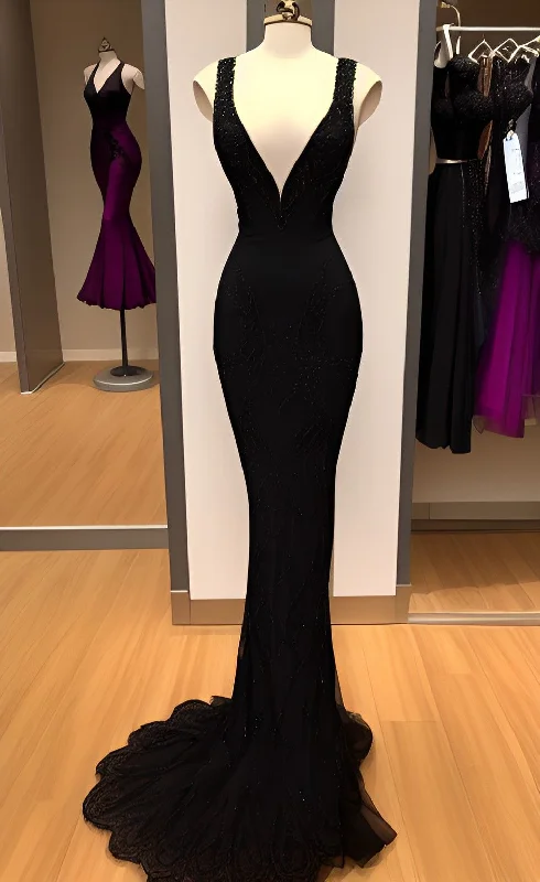 Daily Deals casual dressCharming Black Straps V Neck Sheath Prom Dress,Black Evening Dress Y4389