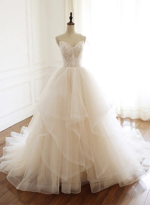 Huge Discounts Champagne Spaghetti Strap Tulle Layers Long Prom Dress, Beautiful A-Line Princess Dress