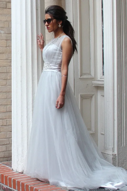 Exclusive Preview A-line Small Round Collar  Floor Length Tulle Beaded Evening Dress