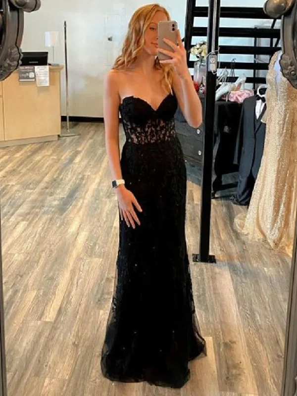 Amazing Deals long-sleeve floral dressMermaid Open Back Black Lace Long Prom Dresses, Strapless Black Formal Dresses, Black Lace Evening Dresses Y1794