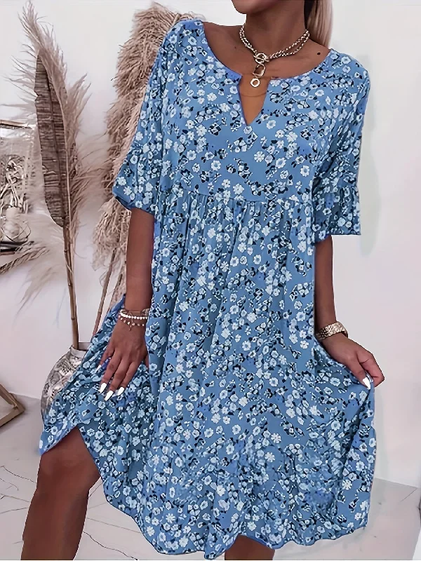 Take Advantage Floral Print Notch Neck Dress, Vintage Short Sleeve Dress