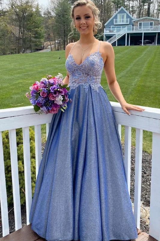 Special Discount Blue Spaghetti Strap V-Neck Lace Floor Length Prom Dress