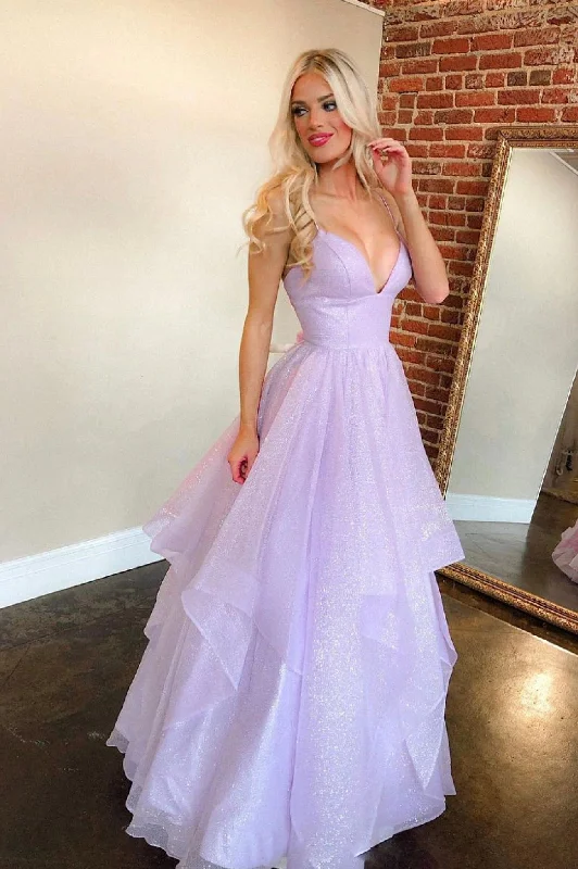 Super Bargain Purple Spaghetti Strap V-Neck Tulle Long Prom Dress