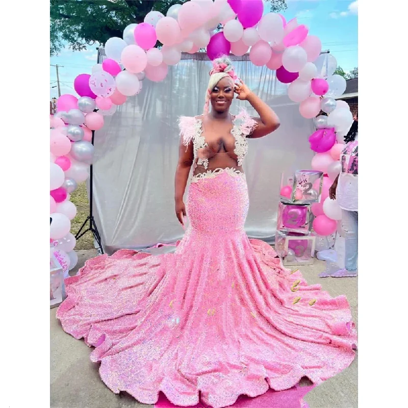 Pink Sweetheart Long Prom Dress For Black Girls Appliques Birthday Party Dresses Feathers Evening Gowns Sequined Robe De