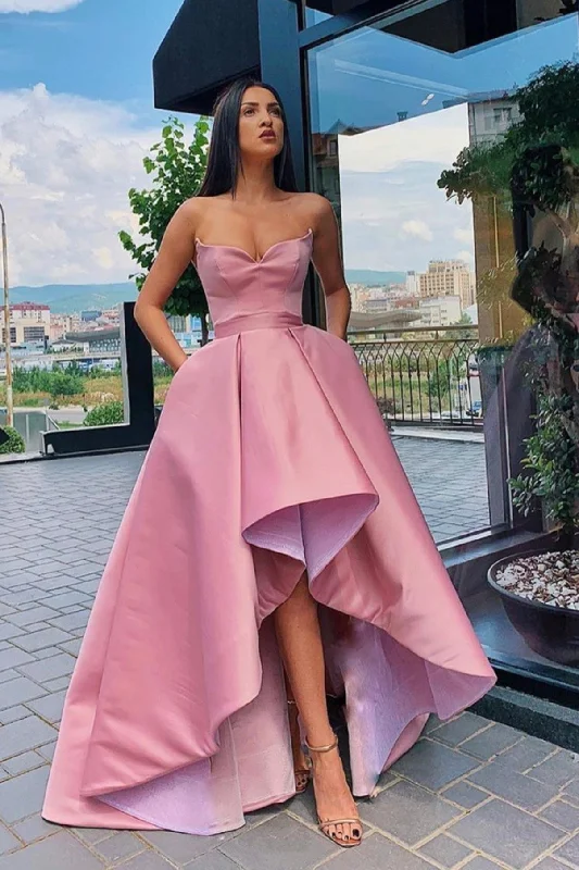 Instant Savings Pink Strapless Satin High Low Prom Dress