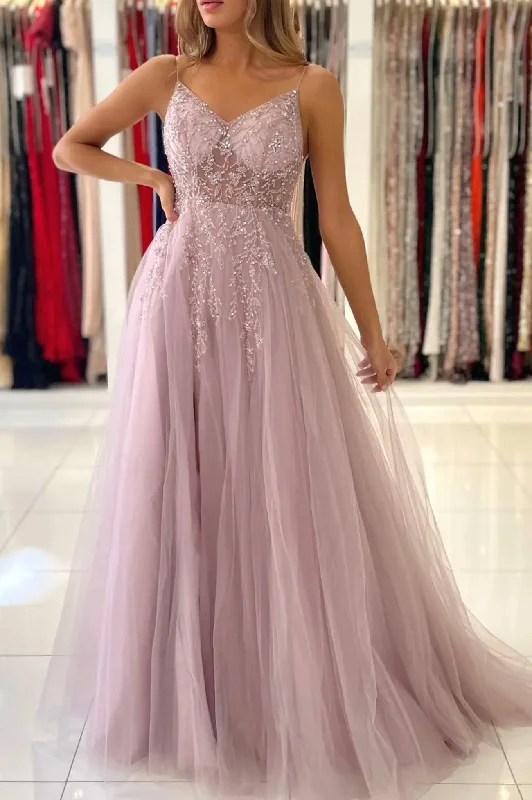 Quick Sale Pink V-neck Spaghetti Strap Tulle Beaded Long Prom Dress