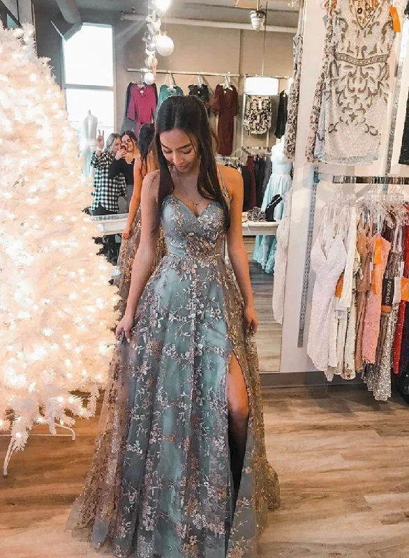 One-DAY Sale Stylish V-Neck Tulle Sequins Long Prom Dress, A-Line Backless Evening Dress