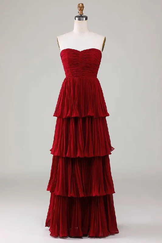 Special Savings t-shirt dressStrapless Tiered Burgundy Long Prom Dress Y5888