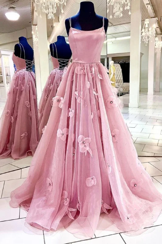 Super Sale Pink Spaghetti Strap Tulle Long Prom Dress, A-Line Backless Evening Dress Super Sale Pink Spaghetti Strap Tulle Long Prom Dress, A-Line Backless Evening Dress