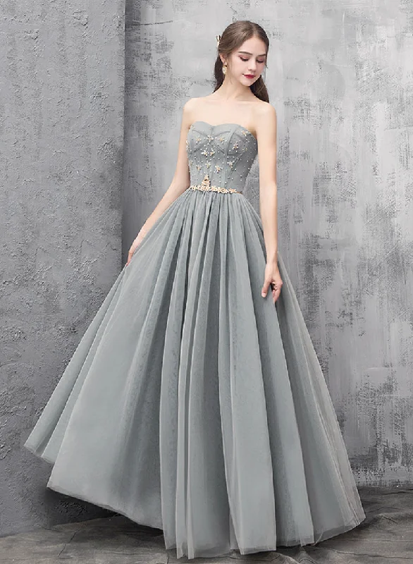 Price Drop Alert Gray Tulle Beaded Long Prom Dress, A-Line Sweetheart Evening Dress