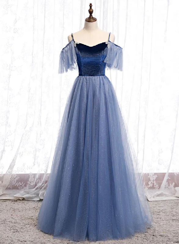 New Markdowns Blue Velvet Tulle Long Prom Dress, Blue Spaghetti Strap Evening Party Dress