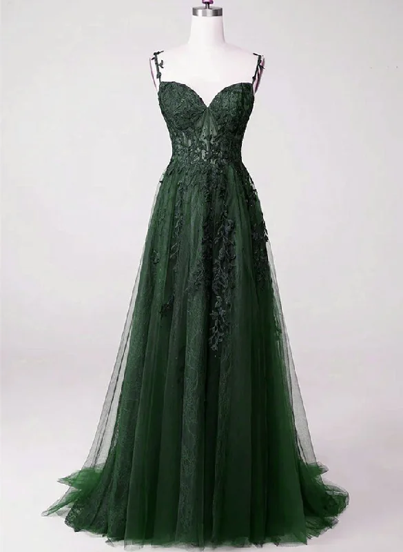 Dark Green Tulle with Lace Beaded Straps Prom Dress,Green Long Formal Dress Party Dress Y6111