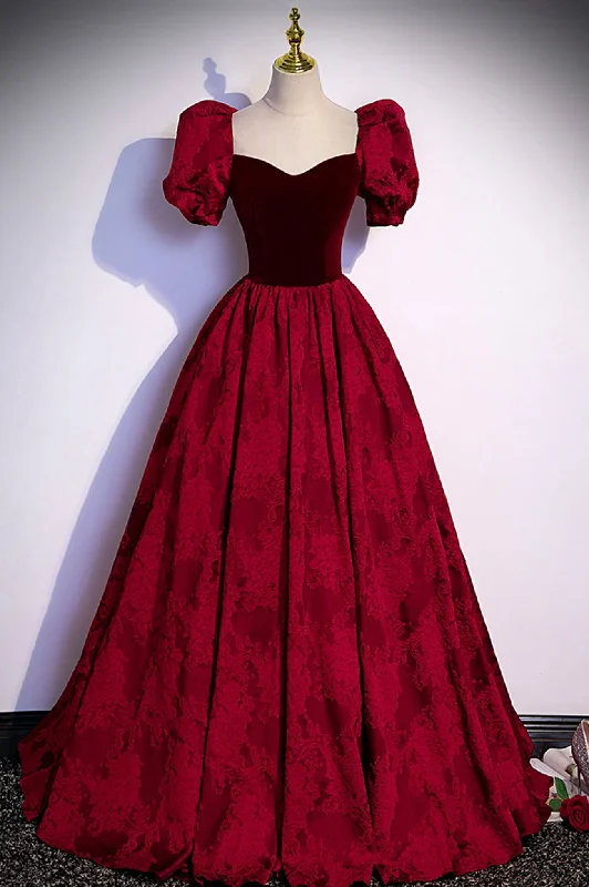 Clearance Event Burgundy Velvet Long Prom Dress, A-Line Short Sleeve Evening Dress Clearance Event Burgundy Velvet Long Prom Dress, A-Line Short Sleeve Evening Dress