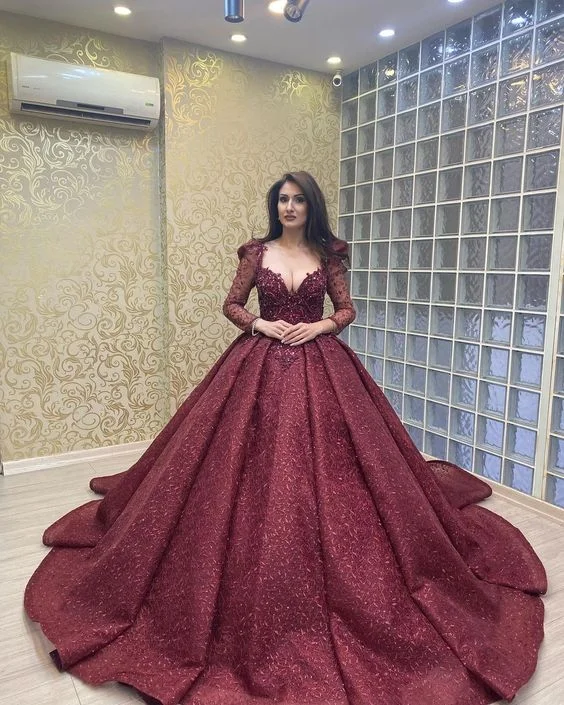 Luxurious Long Sleeves Burgundy Ball Gown,Sweet 16 Dress Y6097