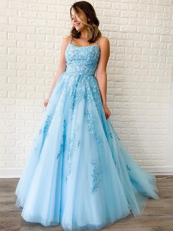 Special Price Sky Blue Tulle Appliques Scoop A-Line Long Prom Dress JKS8622