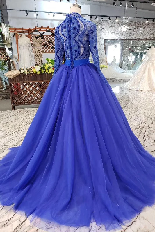 Super Sale Blue Long Sleeves V Neck Tulle Prom Dresses with Beading