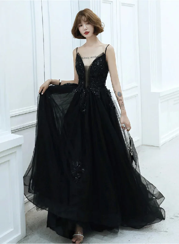 Deal of the Day Black Spaghetti Strap Tulle Long Prom Dress, A-Line V-Neck Evening Dress