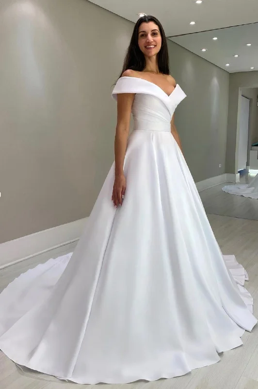 Online Only White Satin Long Prom Dress, Off the Shoulder Evening Dress