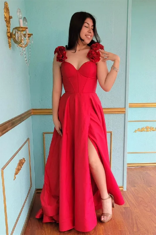 Fantastic Deals off-the-shoulder dressRed Floral Straps A-line Satin Long Prom Dress with Slit Y5683 Fantastic Deals off-the-shoulder dressRed Floral Straps A-line Satin Long Prom Dress with Slit Y5683