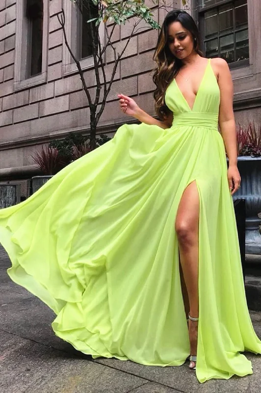 Weekend Deal Green V-Neck Chiffon Long A-Line Prom Dress