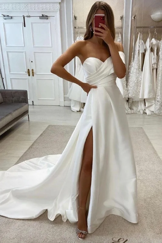 Can't Miss White Satin Long Prom Dress, Off the Shoulder A-Line Evening Party Dress