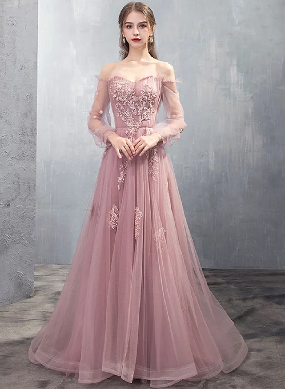 Price Break Pink Tulle Lace Floor Length Prom Dress, Long Sleeve Evening Dress
