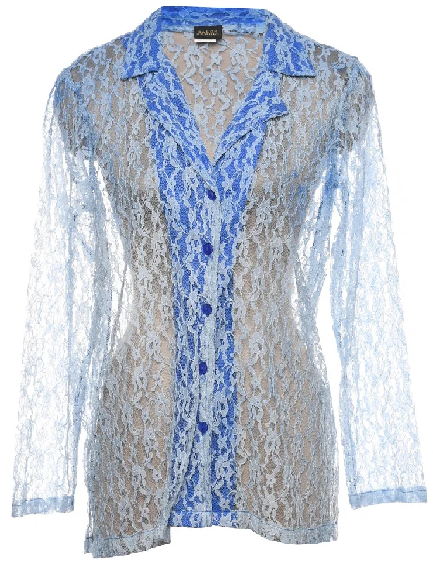 Huge Discounts trendy bomber coatSheer Blue Lace Evening Blouse - L