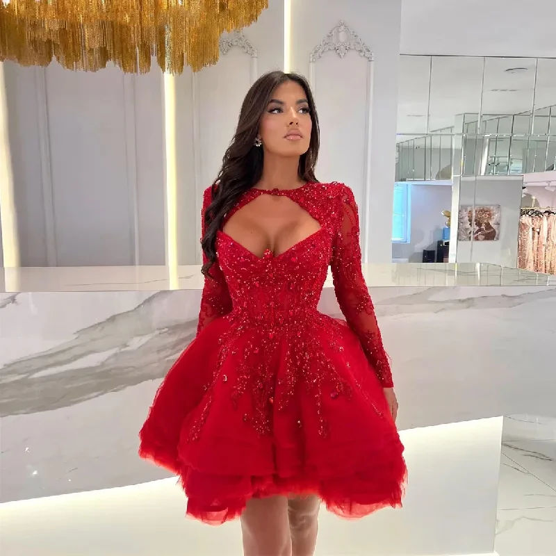 Luxurious Red Crystal Long Sleeve Prom Dresses Saudi Arabia Short Birthday Dress Sweetheart Mini Cocktail Gowns robe de bal