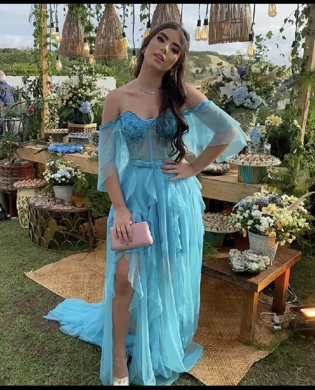 Off The Shoulder Blue Long Prom Dress,Charming Blue Evening Dress