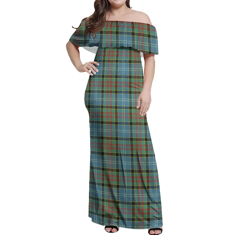 Super Deal Paisley Tartan Off Shoulder Long Dress