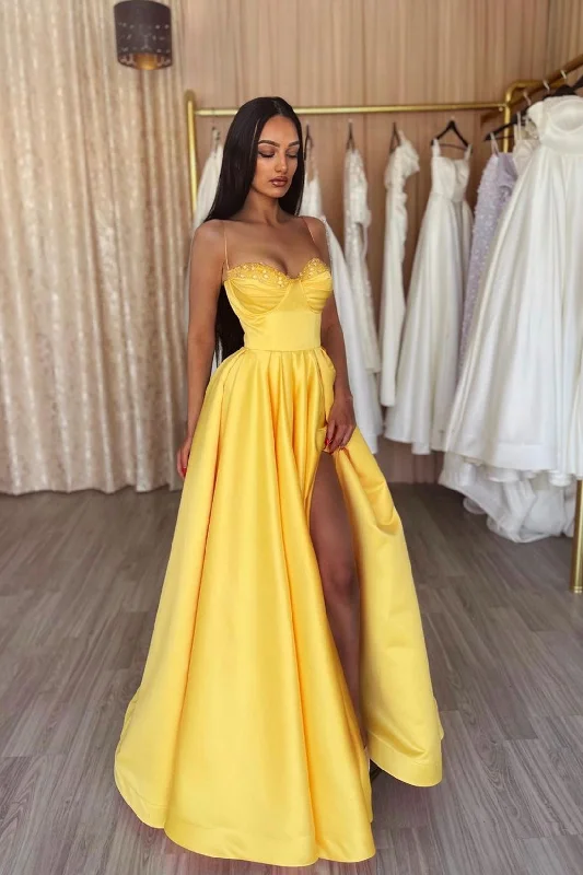 Stock Clearance Yellow High Side Split Satin Long Prom Dress, Sweetheart Spaghetti Strap A-Line Formal Dress