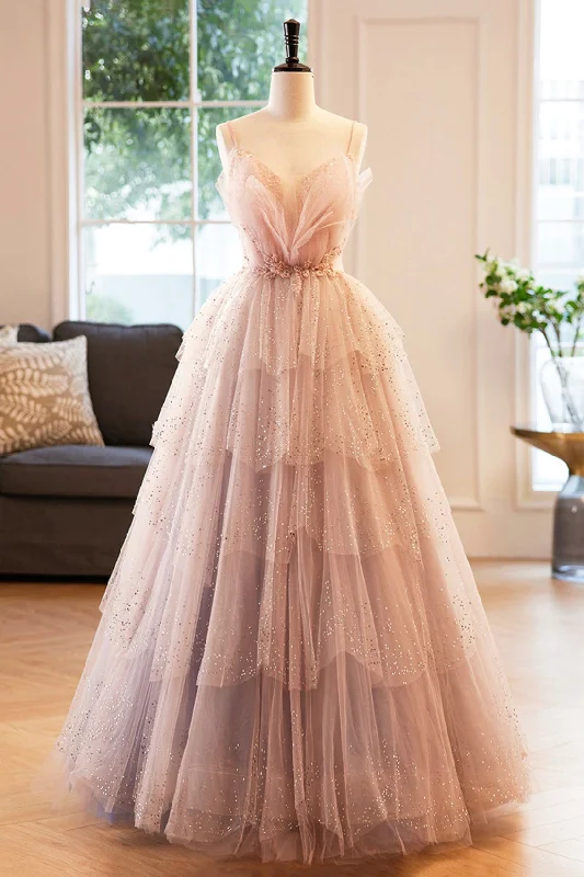 Act Now Gorgeous V Neck Beaded Layered PinkTulle Long Prom Dresses, A-Line Evening Party Dresses