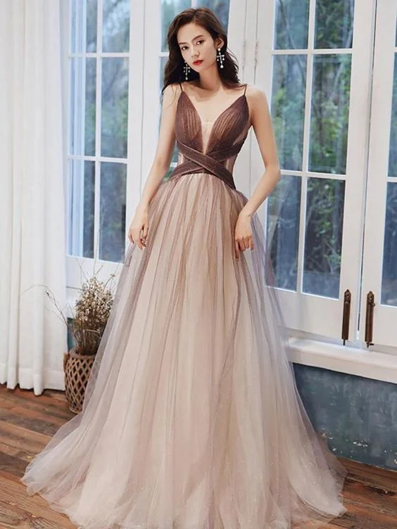 Price Slash high-waisted dressV Neck Brown Ombre Long Prom Dresses, Brown Ombre Floor Length Formal Evening Dresses Y1820
