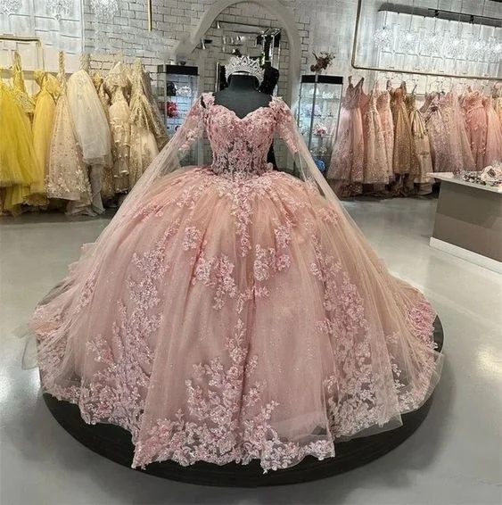 Price Slash long sleeve dressSexy Quinceanera Dress Blush Pink Lace Appliques Crystal Beads Sweetheart With Flowers Blush Pink Ball Gown  Y5886