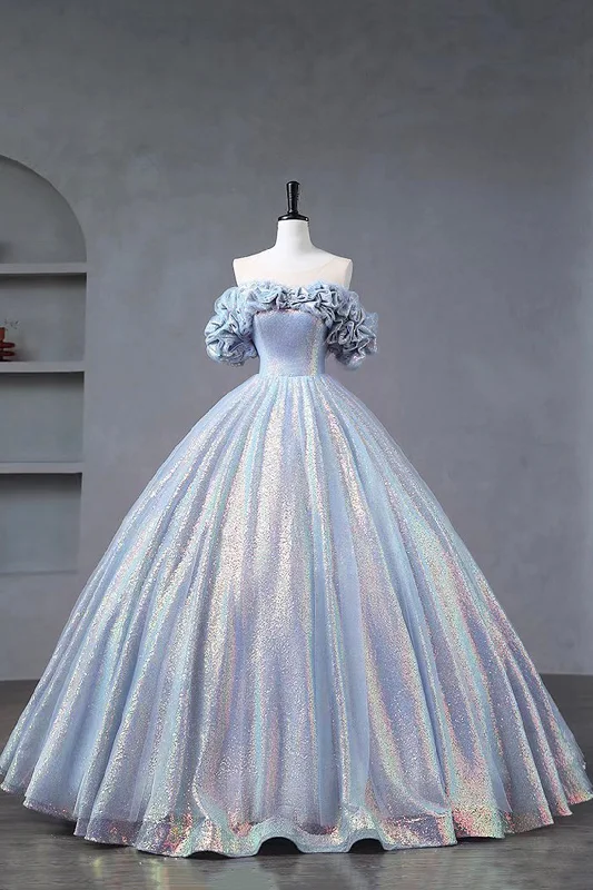 Crazy Deals Shiny Tulle Sequins Long Floor Length Prom Dress, Off the Shoulder Evening Party Dress