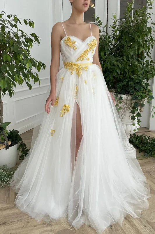 Bonus Savings White Spaghetti Strap Tulle Lace Long Prom Dress