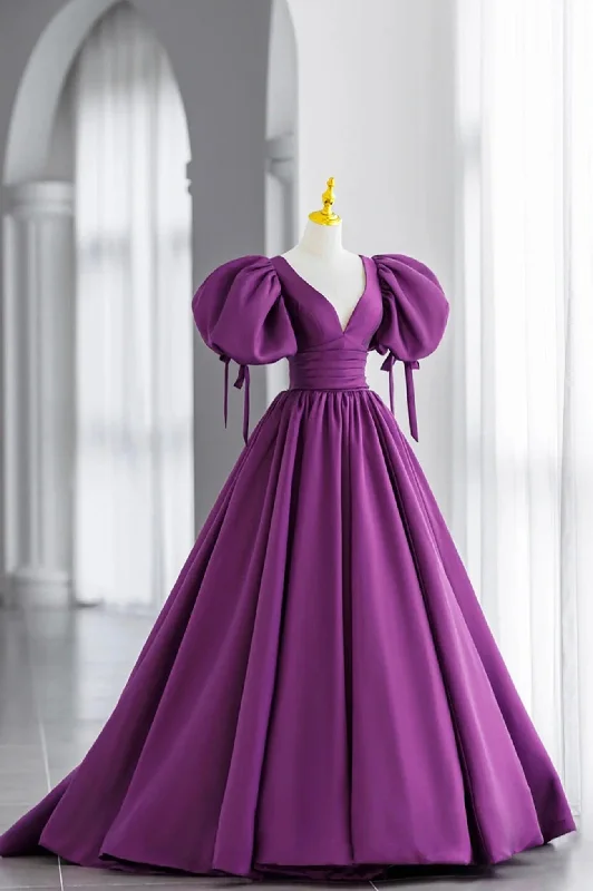 Overstock Purple V-Neck Satin Long Prom Dresses