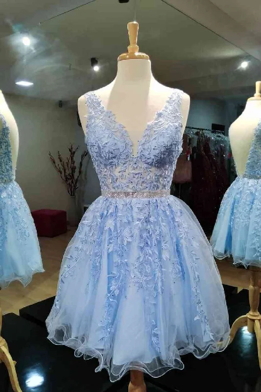 Markdowns Blue Sleeveless Rolled Lace V-Neck Short Prom Dresses, Homecoming Dresses Markdowns Blue Sleeveless Rolled Lace V-Neck Short Prom Dresses, Homecoming Dresses