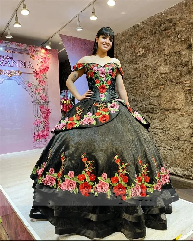 Luxury Mexican 3D Flower Embroidery Quinceanera Dresses 2024 Off The Shoulder Lace Princess Sweet 16 Dress Vestidos 15 de