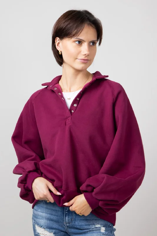 Referral Discount comfy workout sweatshirtSnap Button Collared Fleece for Women in Burgundy | PT16060-BURGUNDY