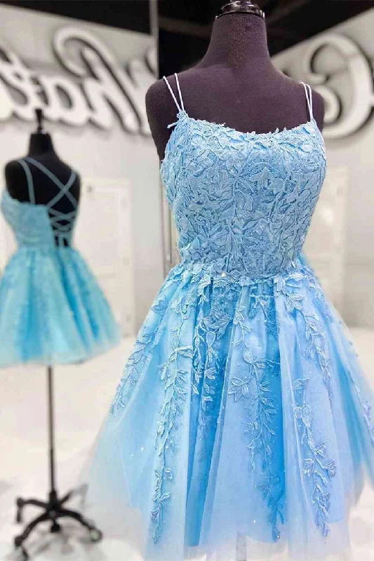 Unmissable Offer Blue A-line Spaghetti Straps Lace Short Prom Dresses, Homecoming Dresses