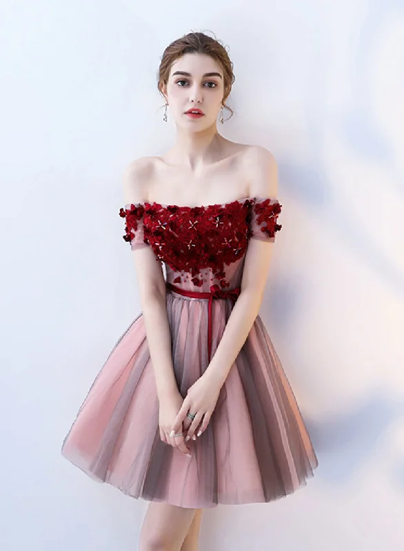Online Specials Cute Tulle Lace Short Prom Dress, A-Line Off the Shoulder Party Dress