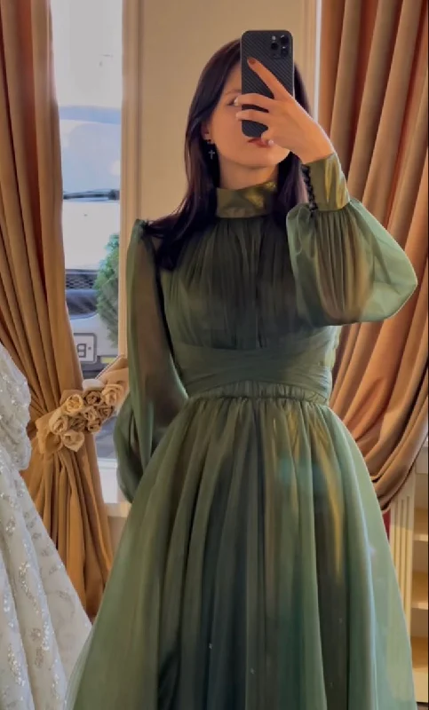 Today’s Special velvet dressVintage Green High Neck Tulle Long Prom Dress,Green Birthday Party Dress  Y5548