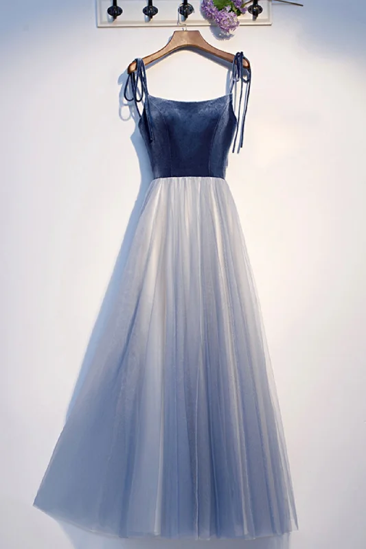 Bonus Savings Blue Spaghetti Strap Velvet Tulle Long Prom Dress, Blue Tulle Evening Dress Bonus Savings Blue Spaghetti Strap Velvet Tulle Long Prom Dress, Blue Tulle Evening Dress