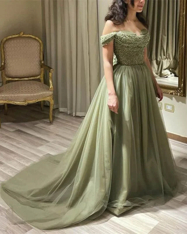 Hurry In fitted dressBeautiful Long Green A-line Off-the-shoulder Sequined Beading Prom Dress Y5841