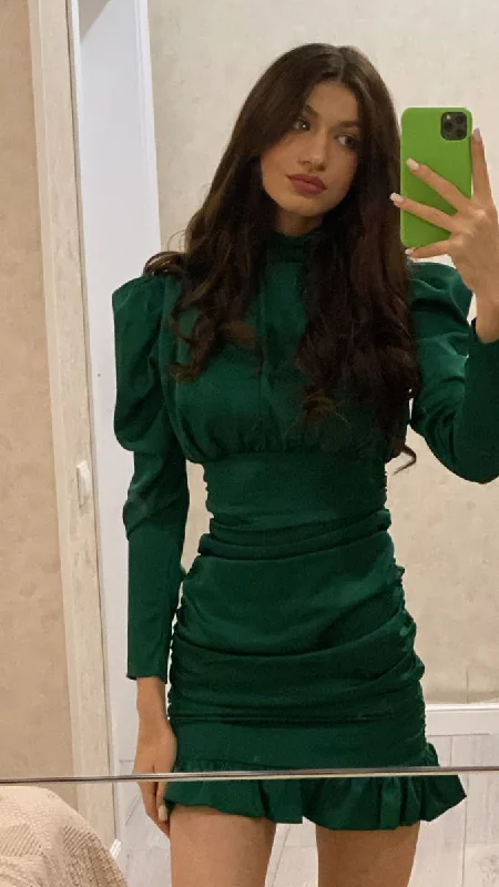 Price Reduction wool dressSexy Green Long Sleeves Party Dress,Green Homecoming Dress  Y5858
