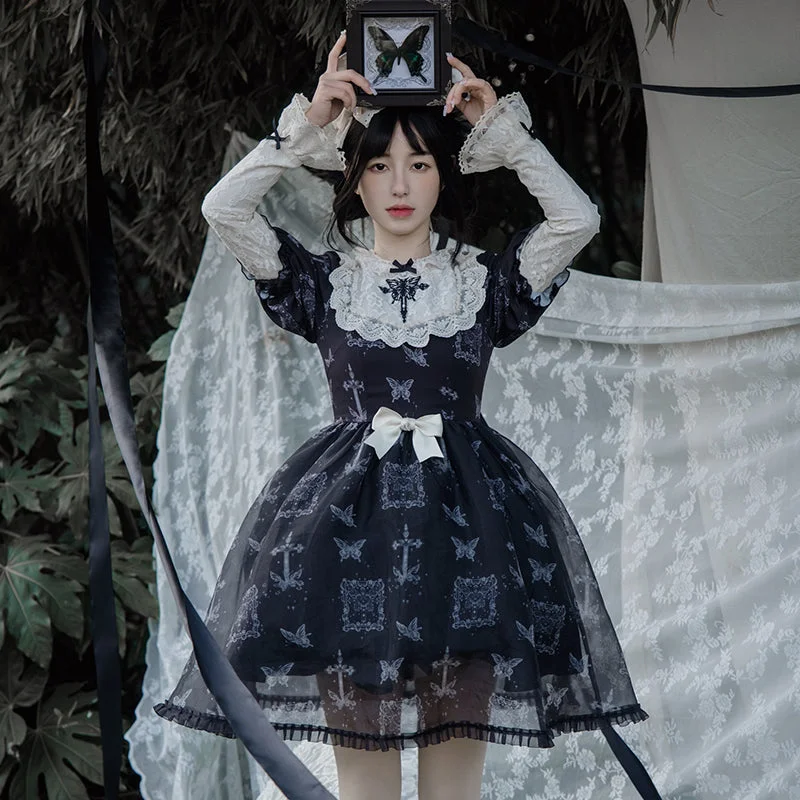 With PUJI~Gothic Butterfly Printing Embroidery Lolita OP