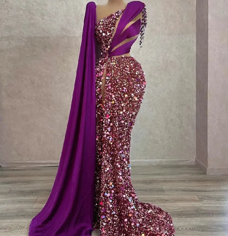 Purple Sparkle Sequins Long Mermaid Evening Dresses for Black Girls Sexy One Shoulder Beading Tassels Wedding Party Prom Gowns